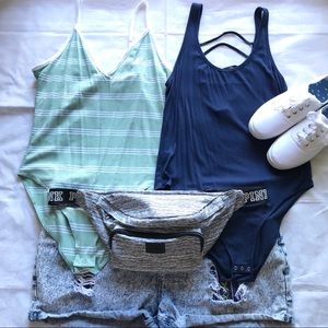 2 PINK VS Bodysuits (navy, green/white stripe)